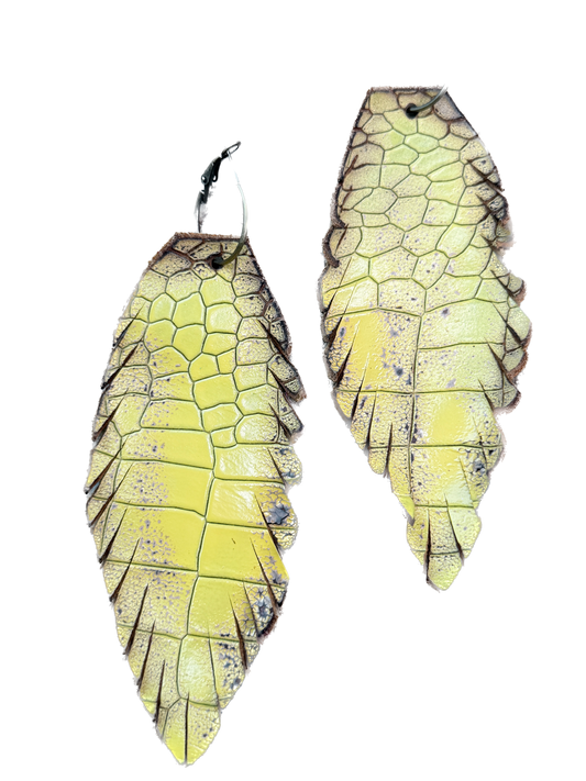 A Rare Bird- Leather Feather Earrings (Yellow Alligator Skin)