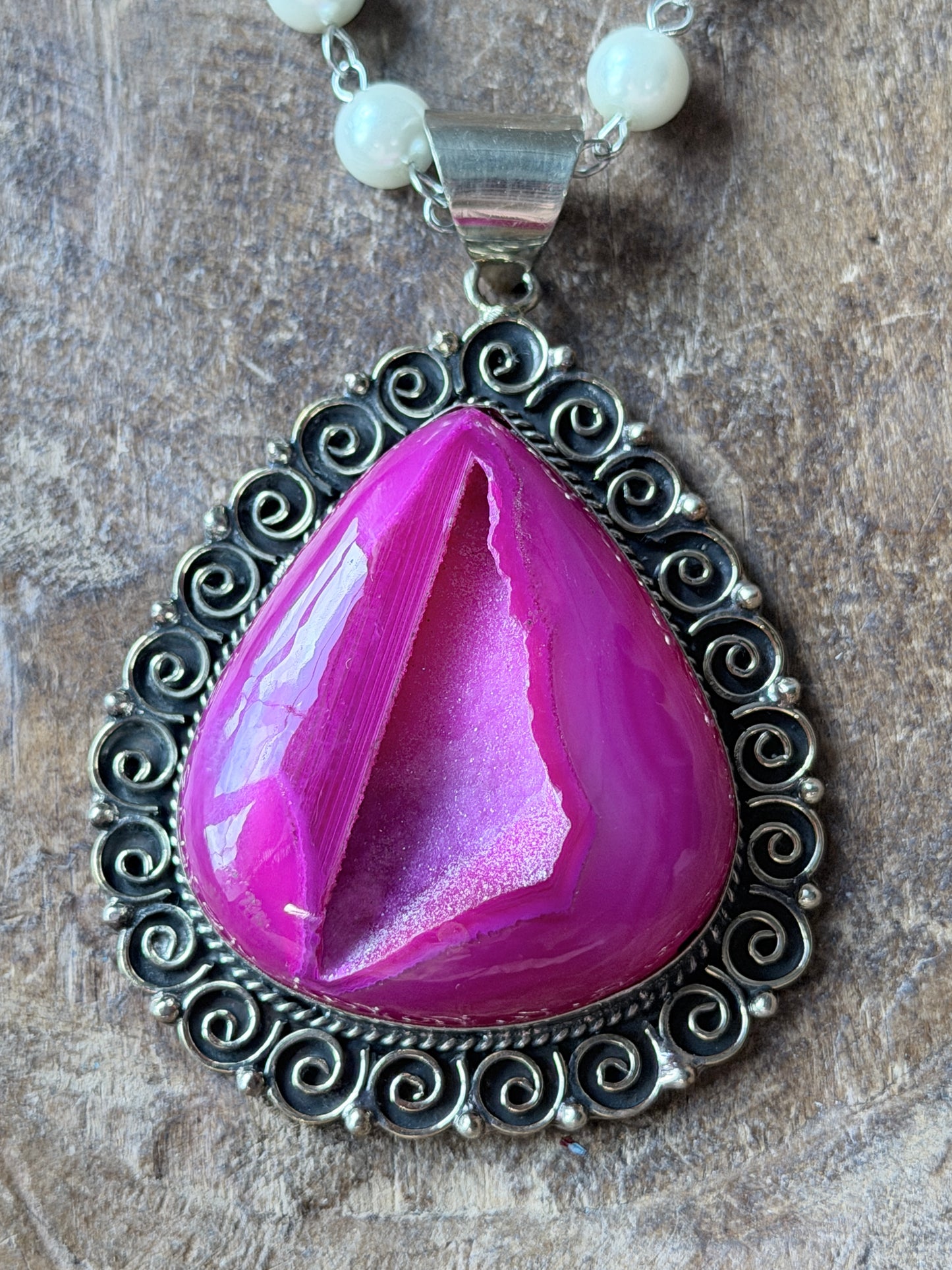 German Silver Pink Druzy Agate Teardrop Necklace