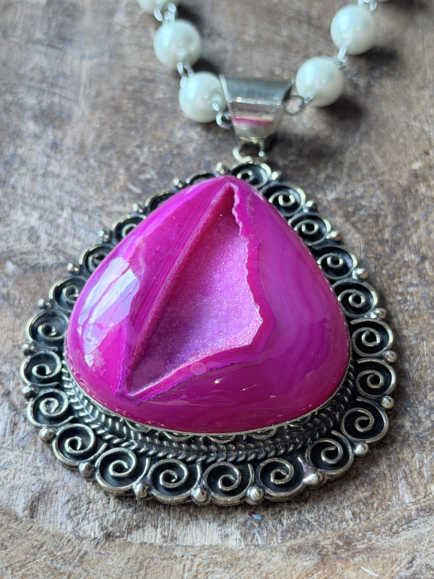 German Silver Pink Druzy Agate Teardrop Necklace