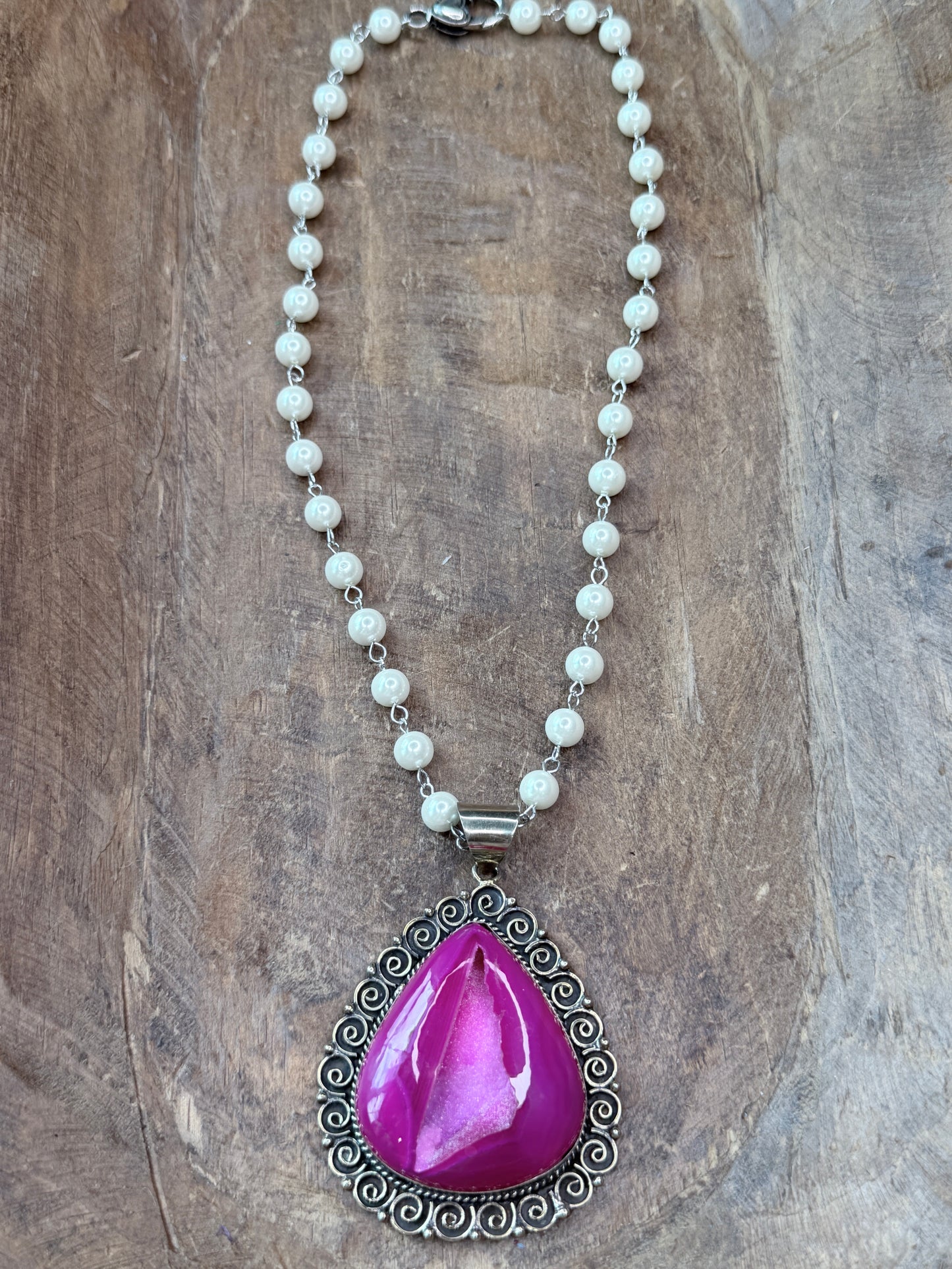 German Silver Pink Druzy Agate Teardrop Necklace