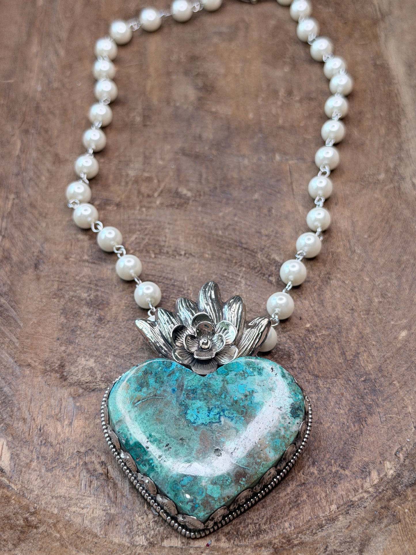 Tibetan Silver Large Chrysocolla Heart Necklace