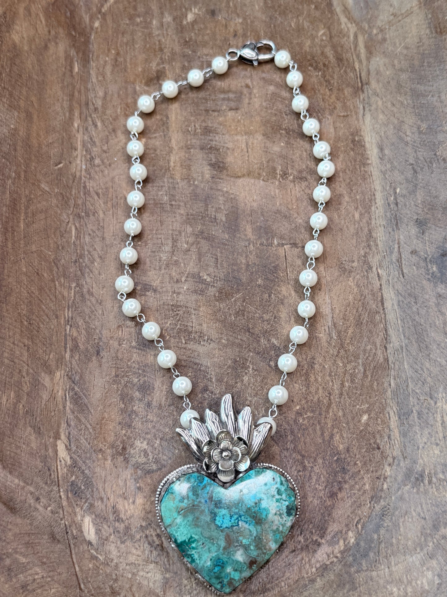 Tibetan Silver Large Chrysocolla Heart Necklace