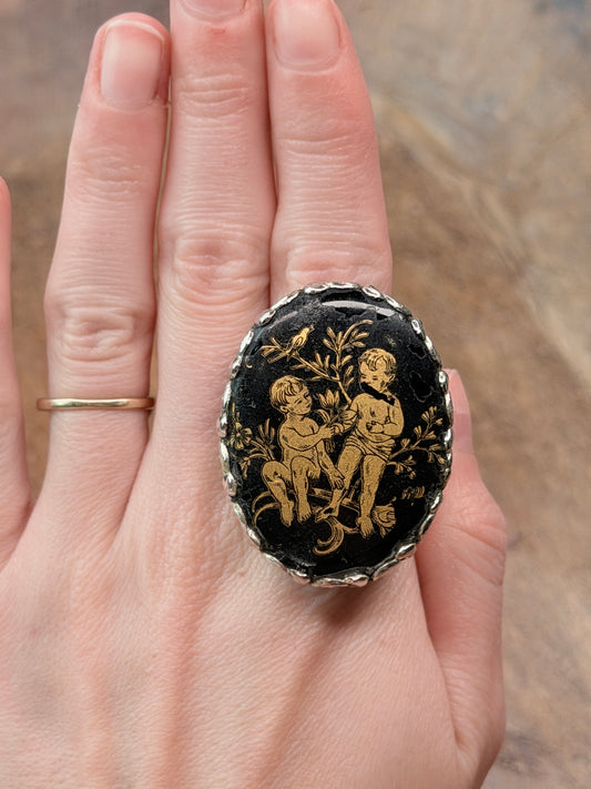 German Silver Secret Garden Cameo Ring