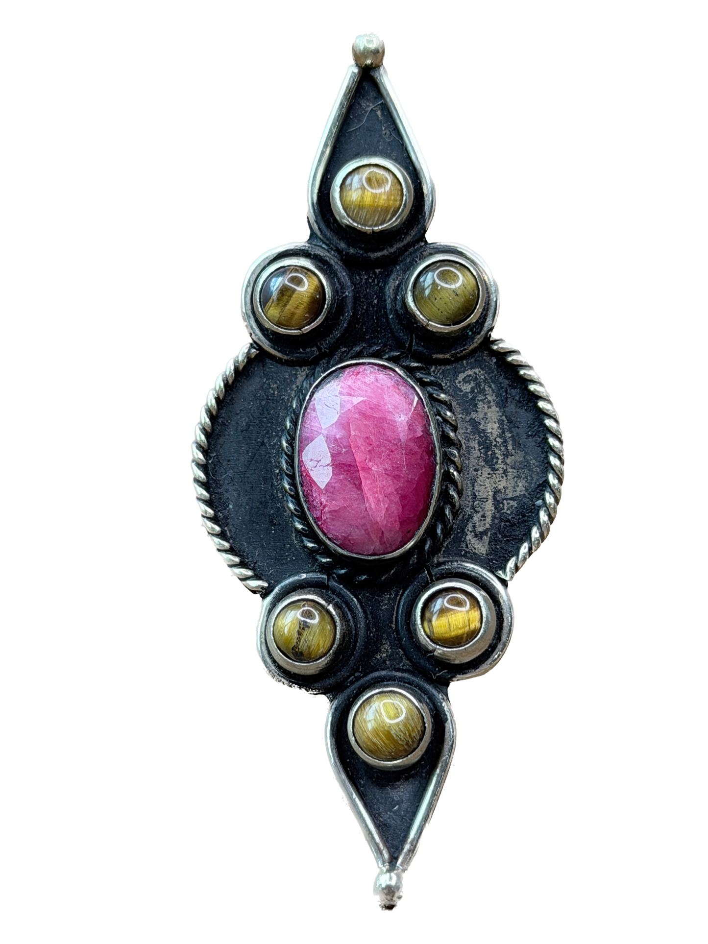 German Silver Tigers Eye and Pink Ruby Ring