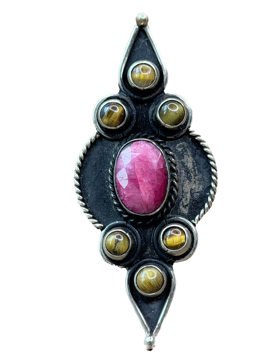 German Silver Tigers Eye and Pink Ruby Ring