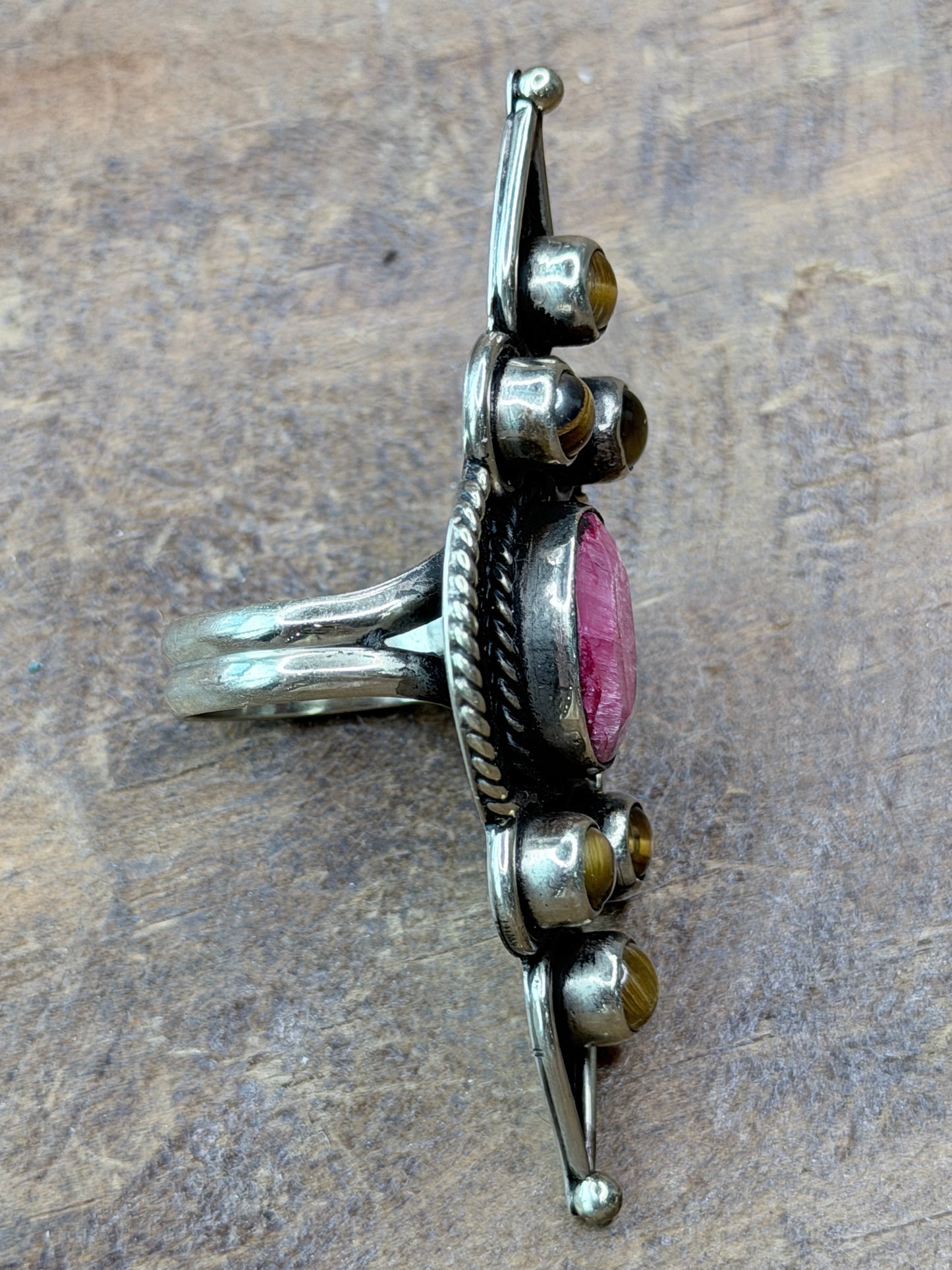 German Silver Tigers Eye and Pink Ruby Ring