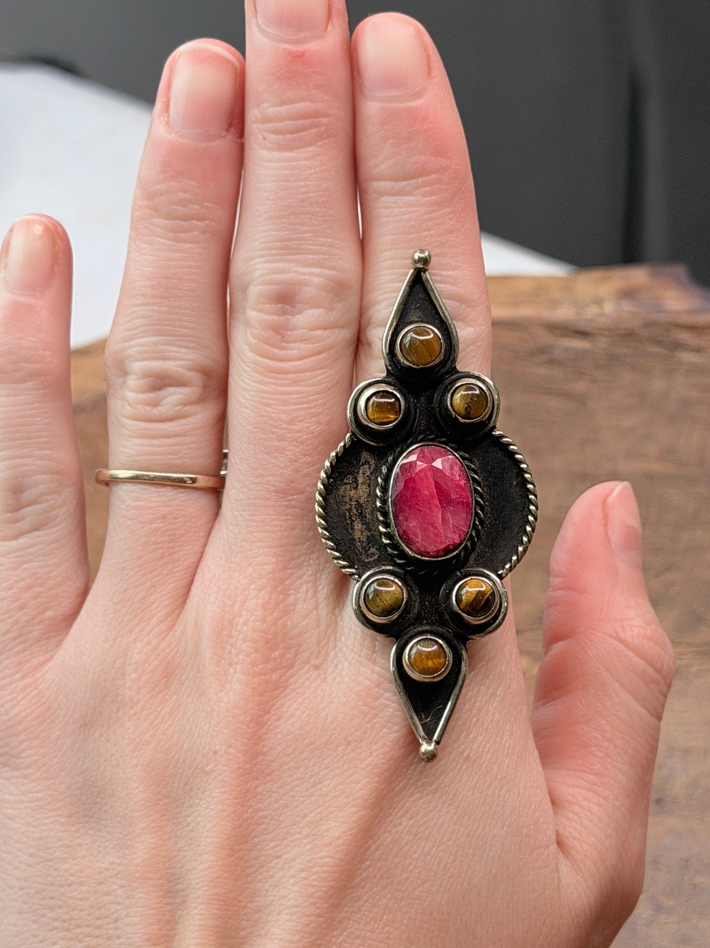 German Silver Tigers Eye and Pink Ruby Ring