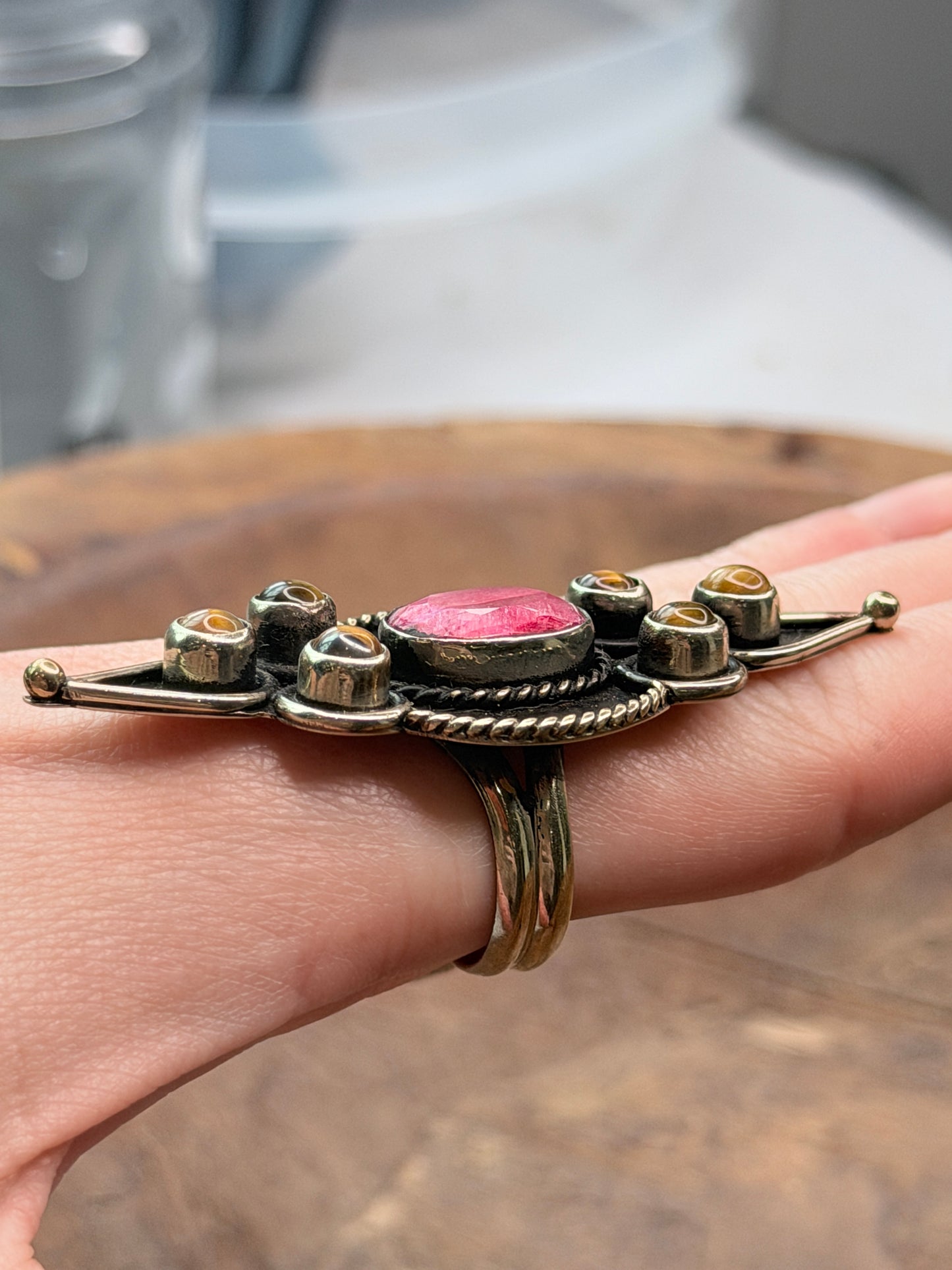 German Silver Tigers Eye and Pink Ruby Ring