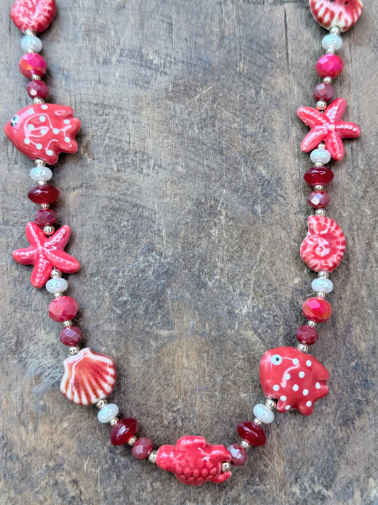 Beaded Ruby Red Reef Necklace