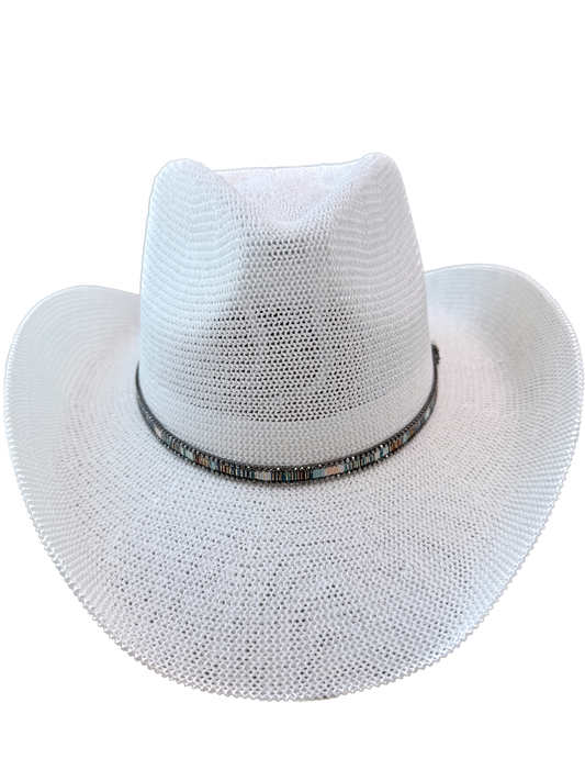 Woven Cowboy Hat With Hat Band (White)