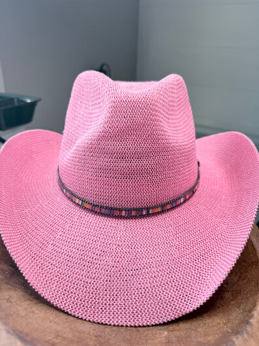 Woven Cowboy Hat With Hat Band (Pink)