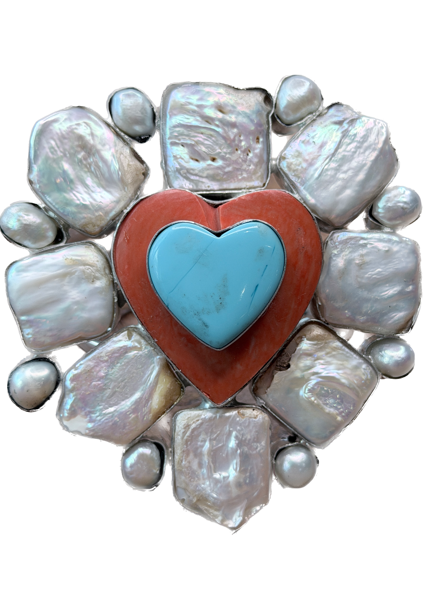 German Silver Chunky Pearl, Coral, and Turquoise Heart Cuff