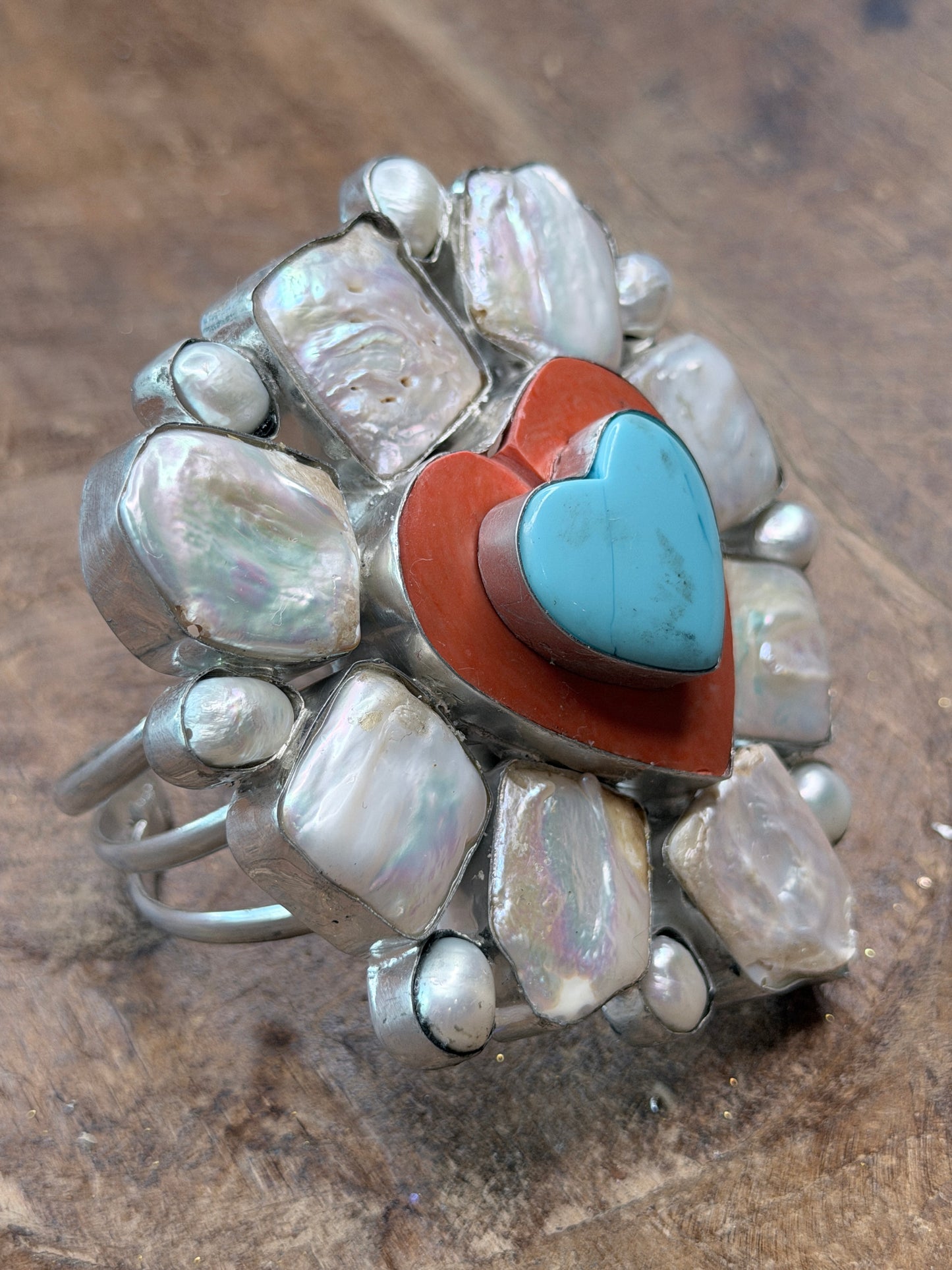 German Silver Chunky Pearl, Coral, and Turquoise Heart Cuff