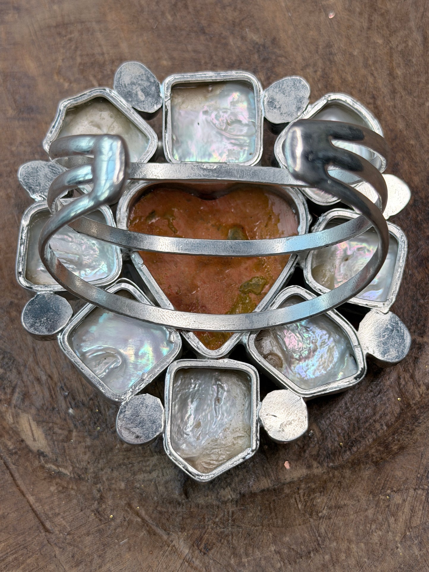 German Silver Chunky Pearl, Coral, and Turquoise Heart Cuff