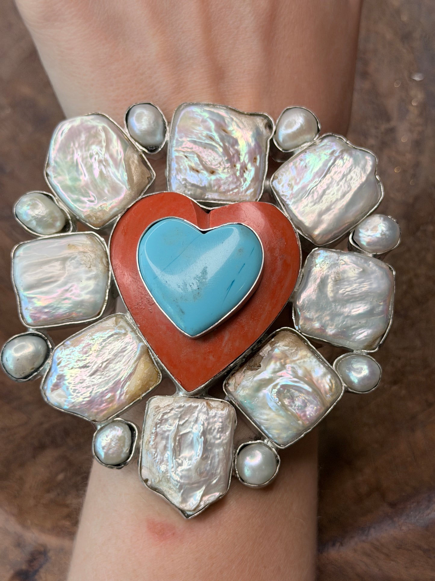 German Silver Chunky Pearl, Coral, and Turquoise Heart Cuff
