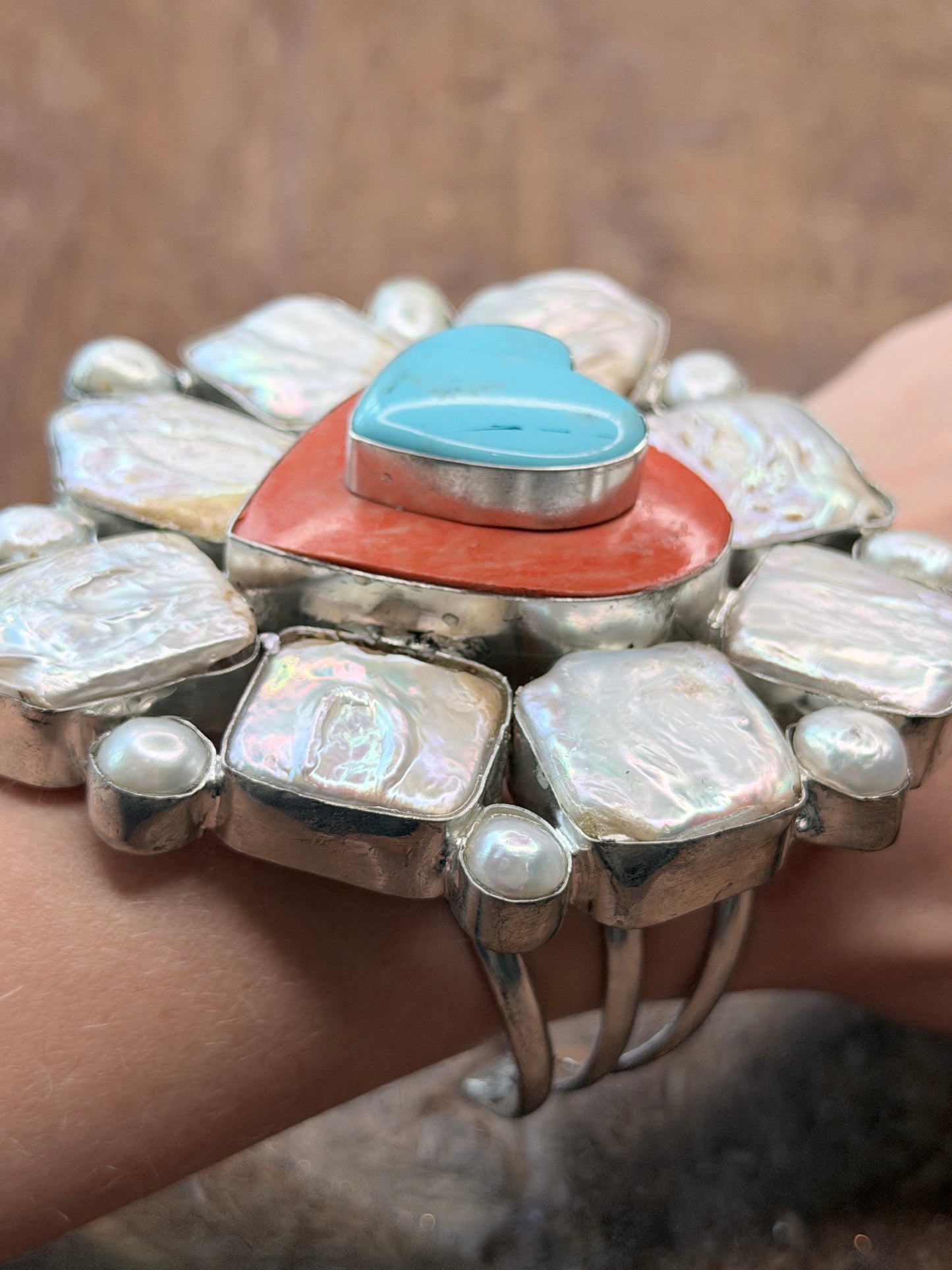 German Silver Chunky Pearl, Coral, and Turquoise Heart Cuff