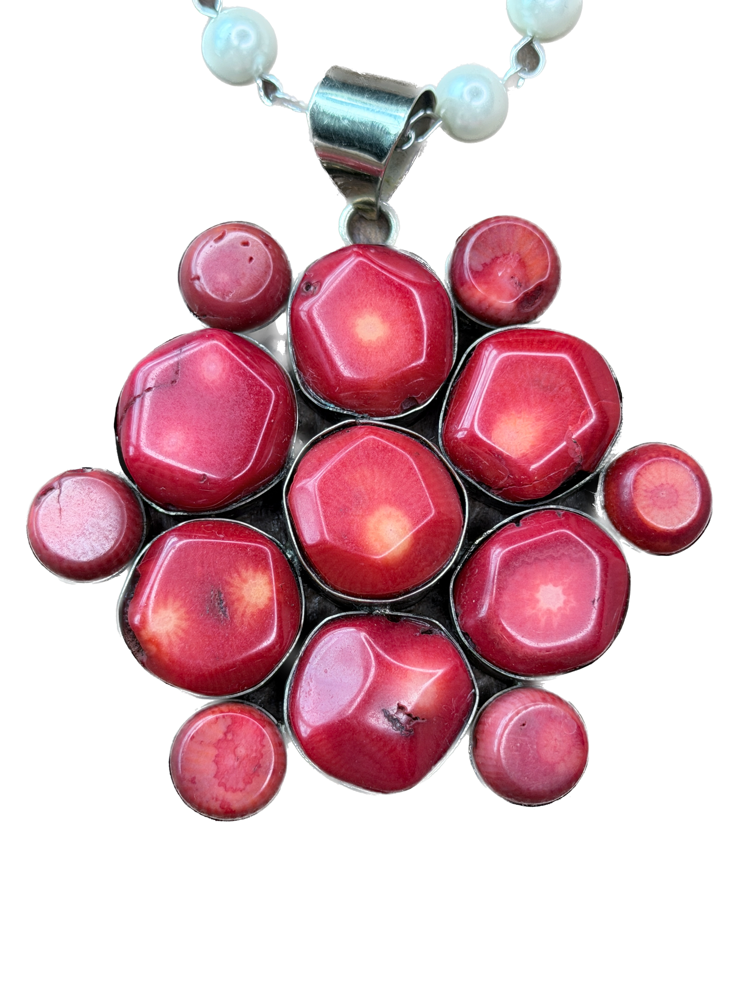 German Silver Natural Red Coral Cluster Necklace