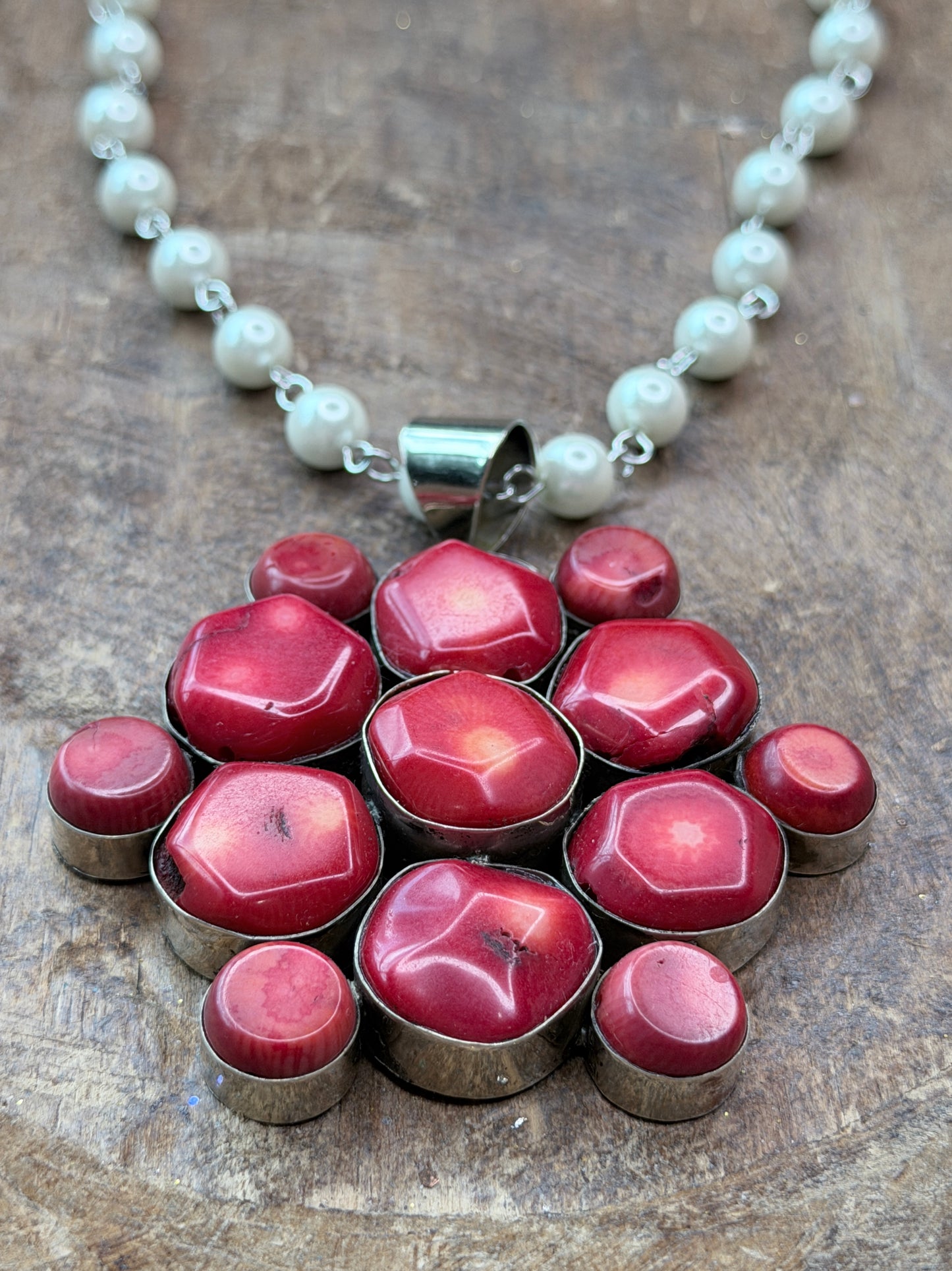 German Silver Natural Red Coral Cluster Necklace