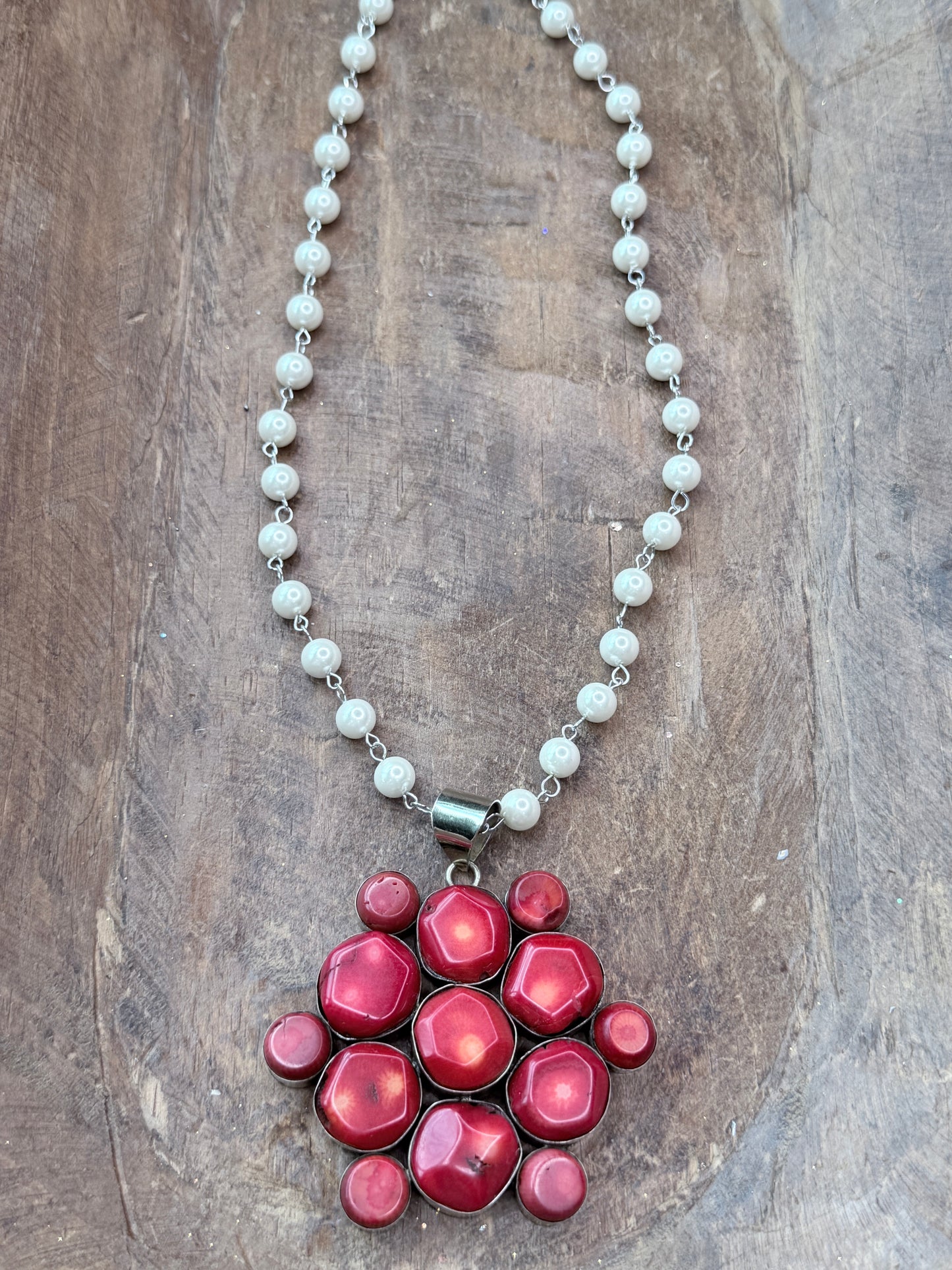 German Silver Natural Red Coral Cluster Necklace