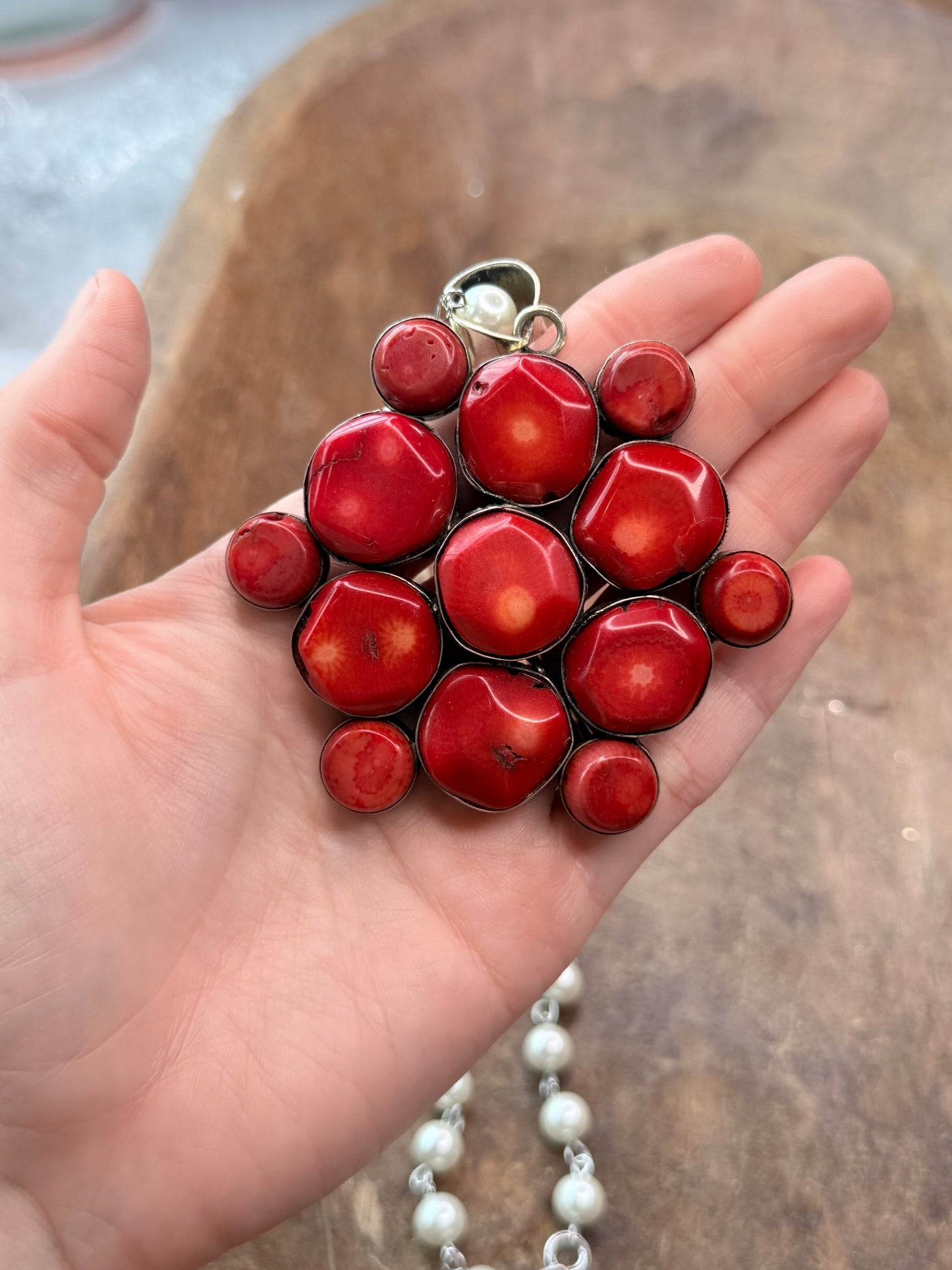 German Silver Natural Red Coral Cluster Necklace