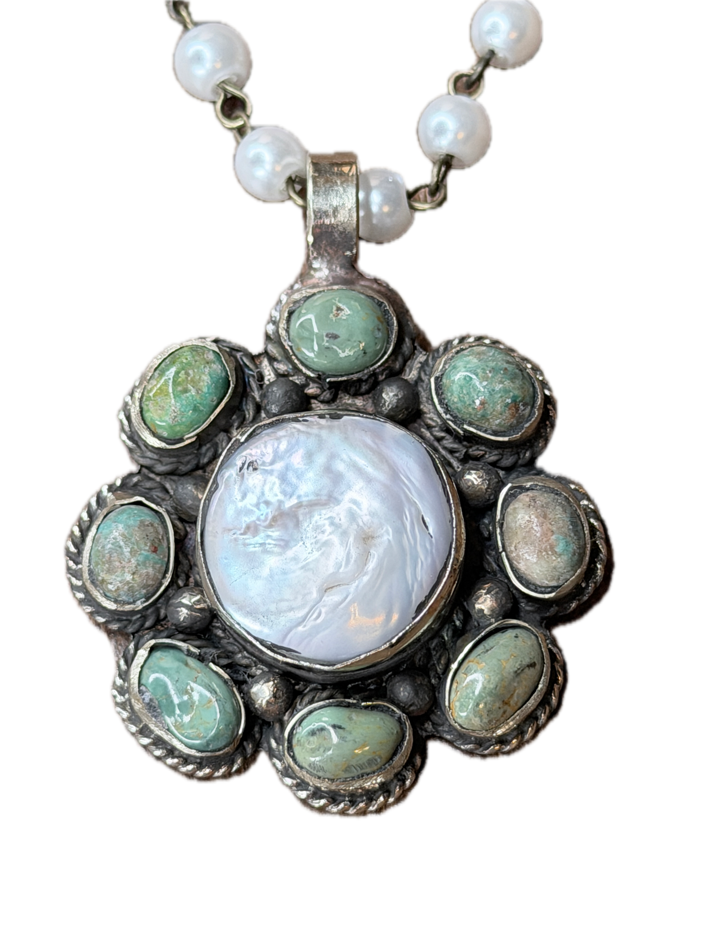 Tibetan Silver Dainty Turquoise and Pearl Flower Necklace