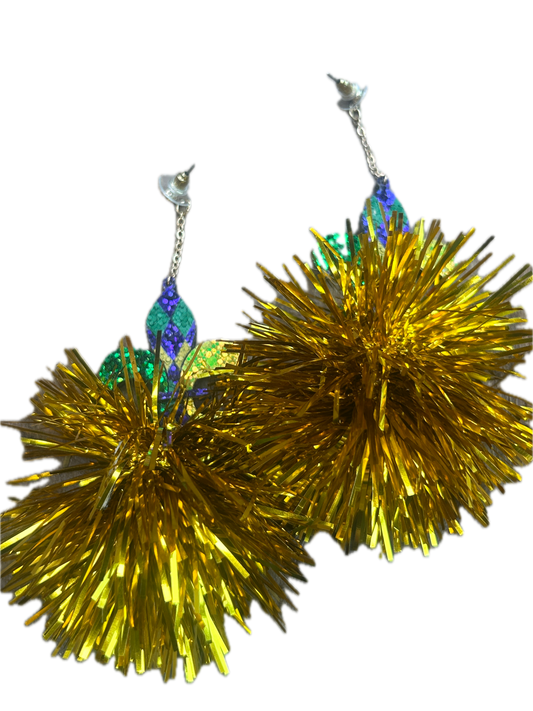 Mardi Gras Tinsel Pom Pom Earrings