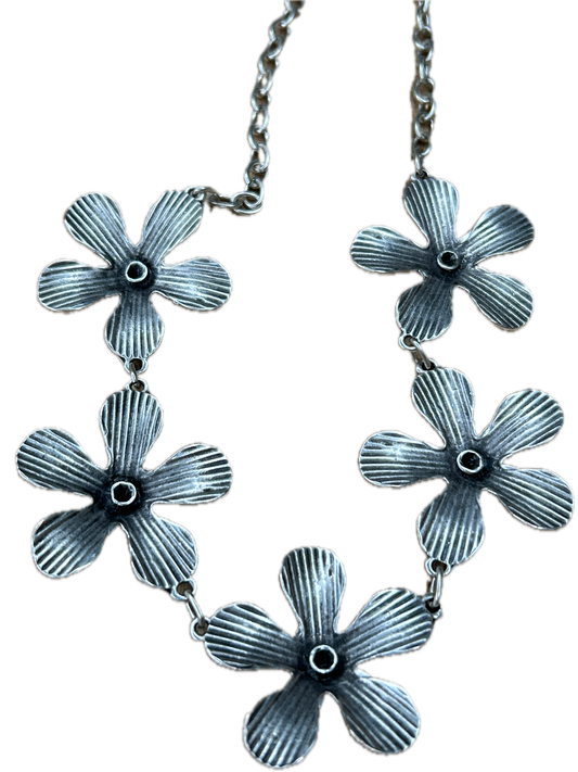 Textured Silver Metal Flower Necklace