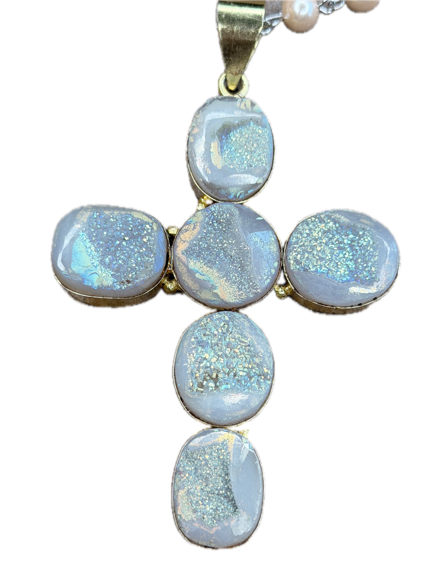 Bella German Silver Large Druzy Agate Cross Necklace