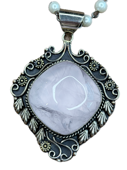 German Silver Embellished Rose Quartz Necklace
