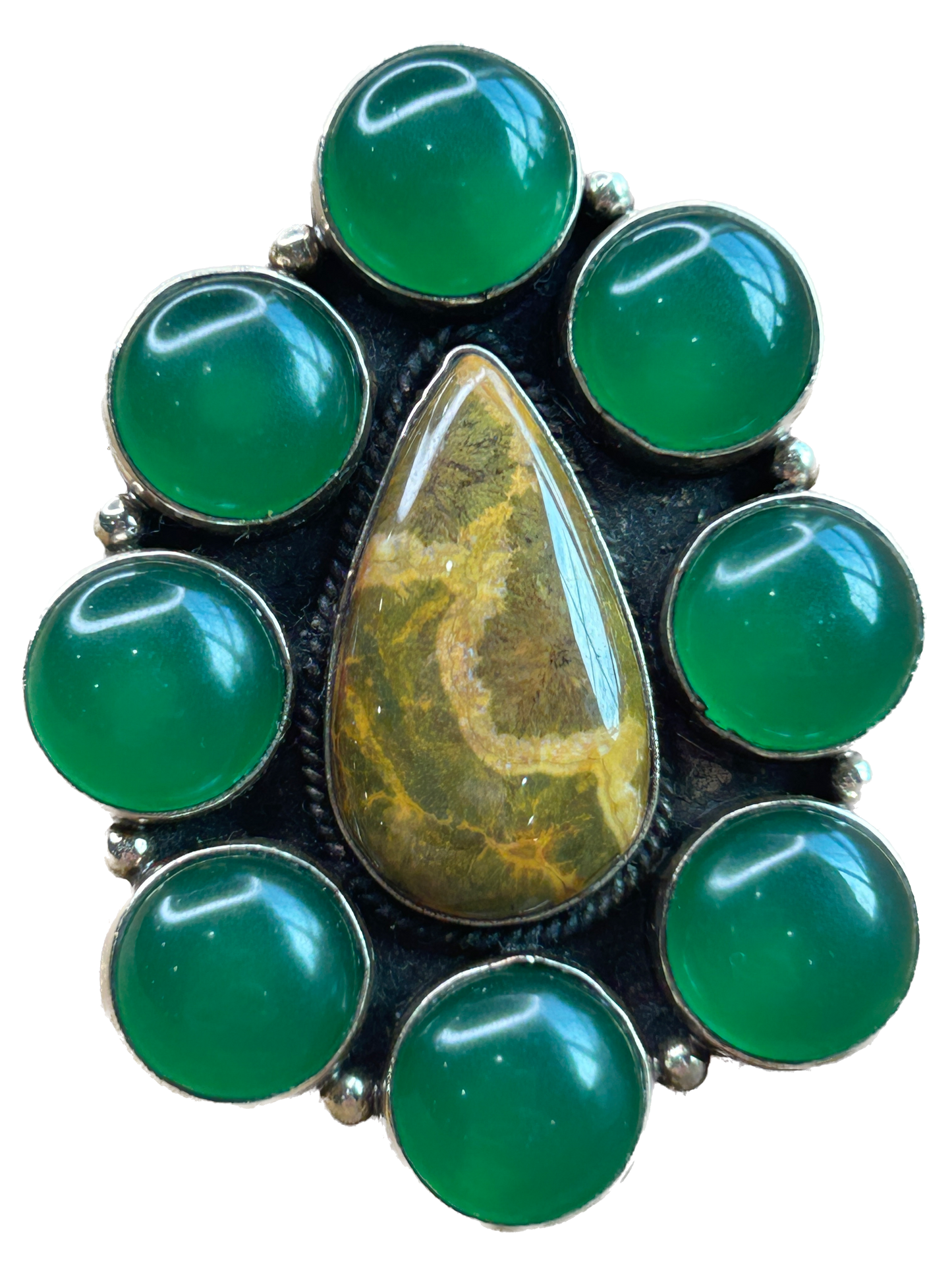 German Silver Jade and Jasper Cluster Ring