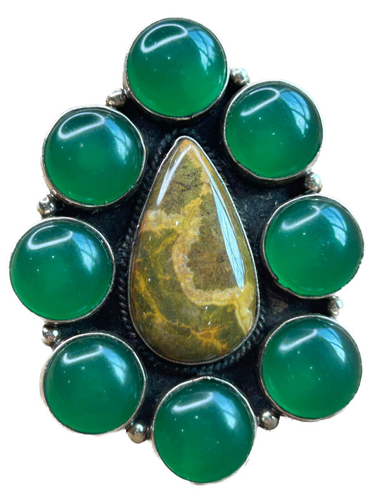 German Silver Jade and Jasper Cluster Ring