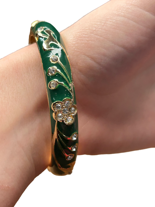 Green and Gold Flower Bangle Bracelet