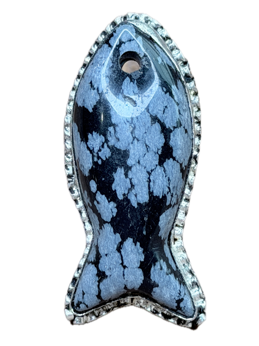 German Silver Snowflake Obsidian Fish Ring
