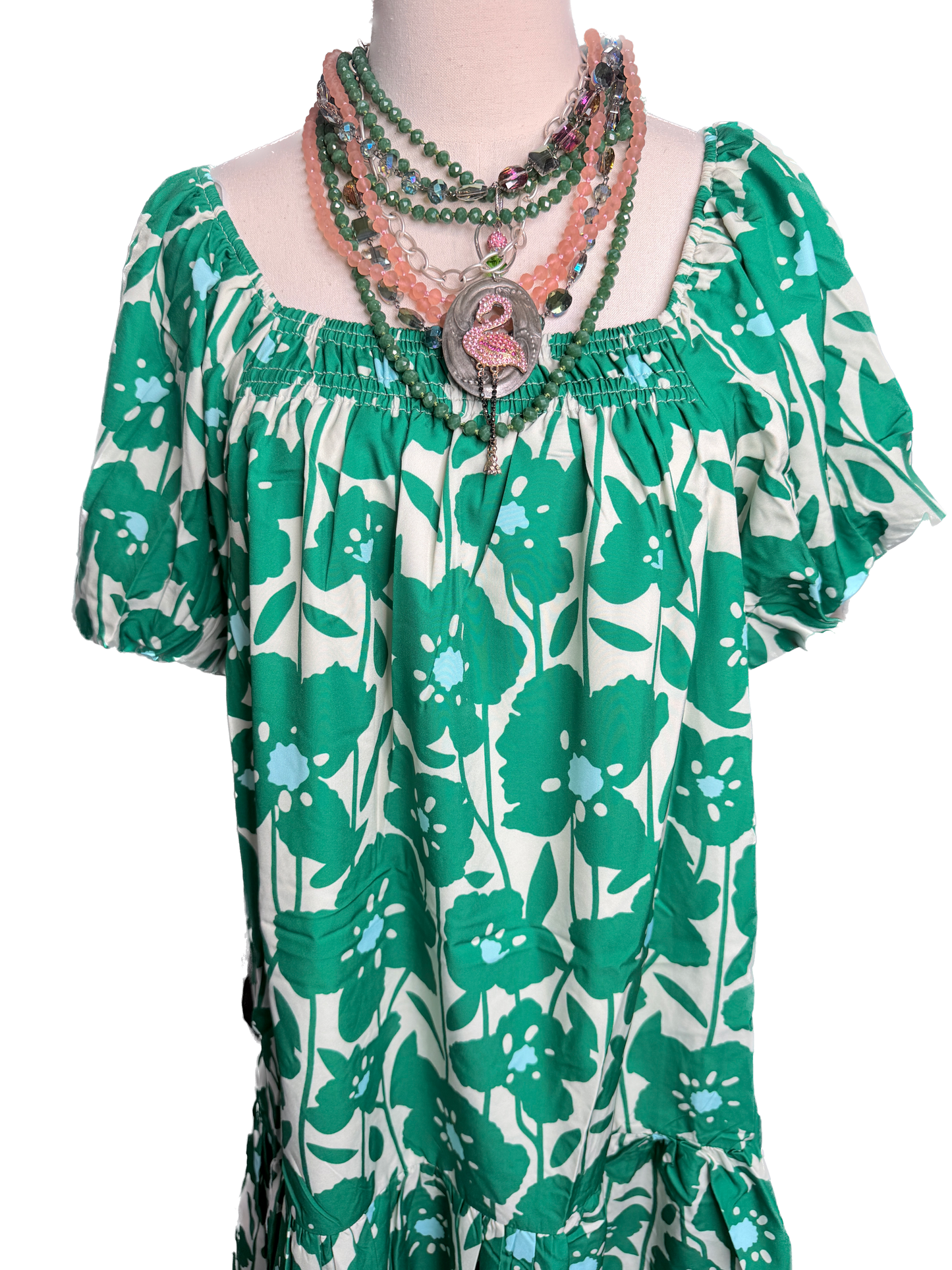 Floral Printed Bubble Sleeve Mini Dress (Green)