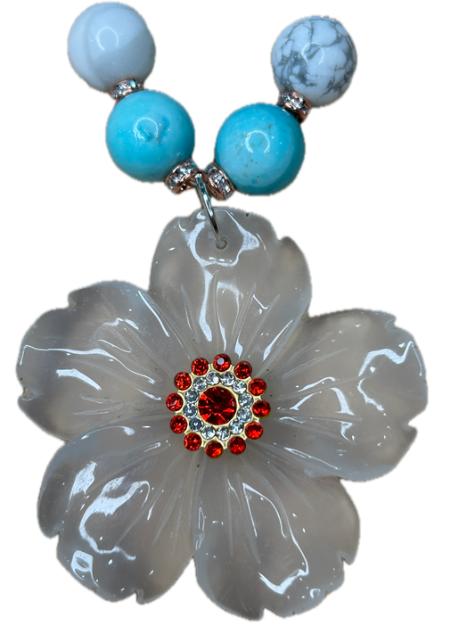 Floral Beach Necklace (Robin's Egg Blue/White/Red)- ERR ORIGINAL