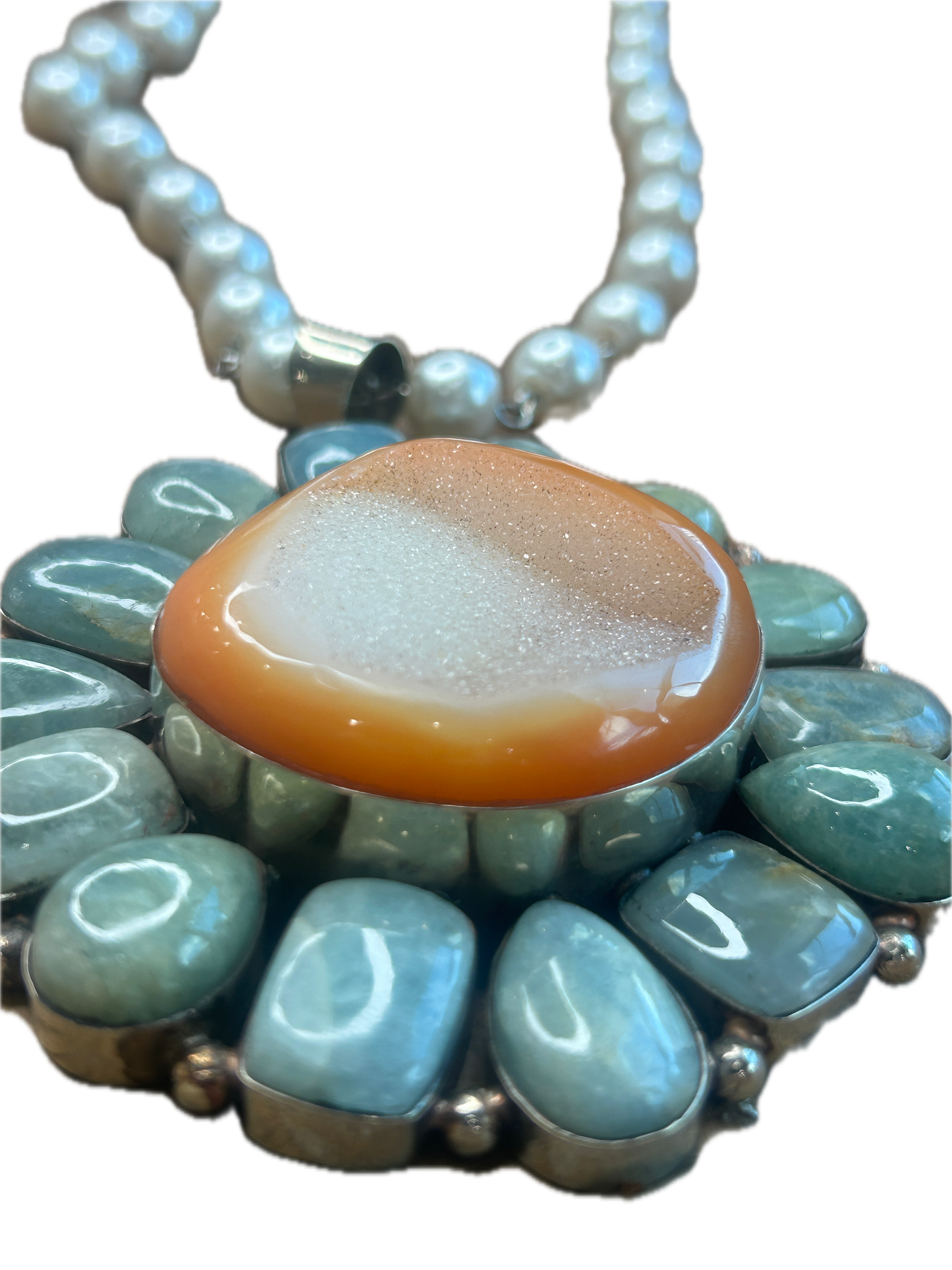 German Silver Amazonite and Druzy Carnelian Necklace