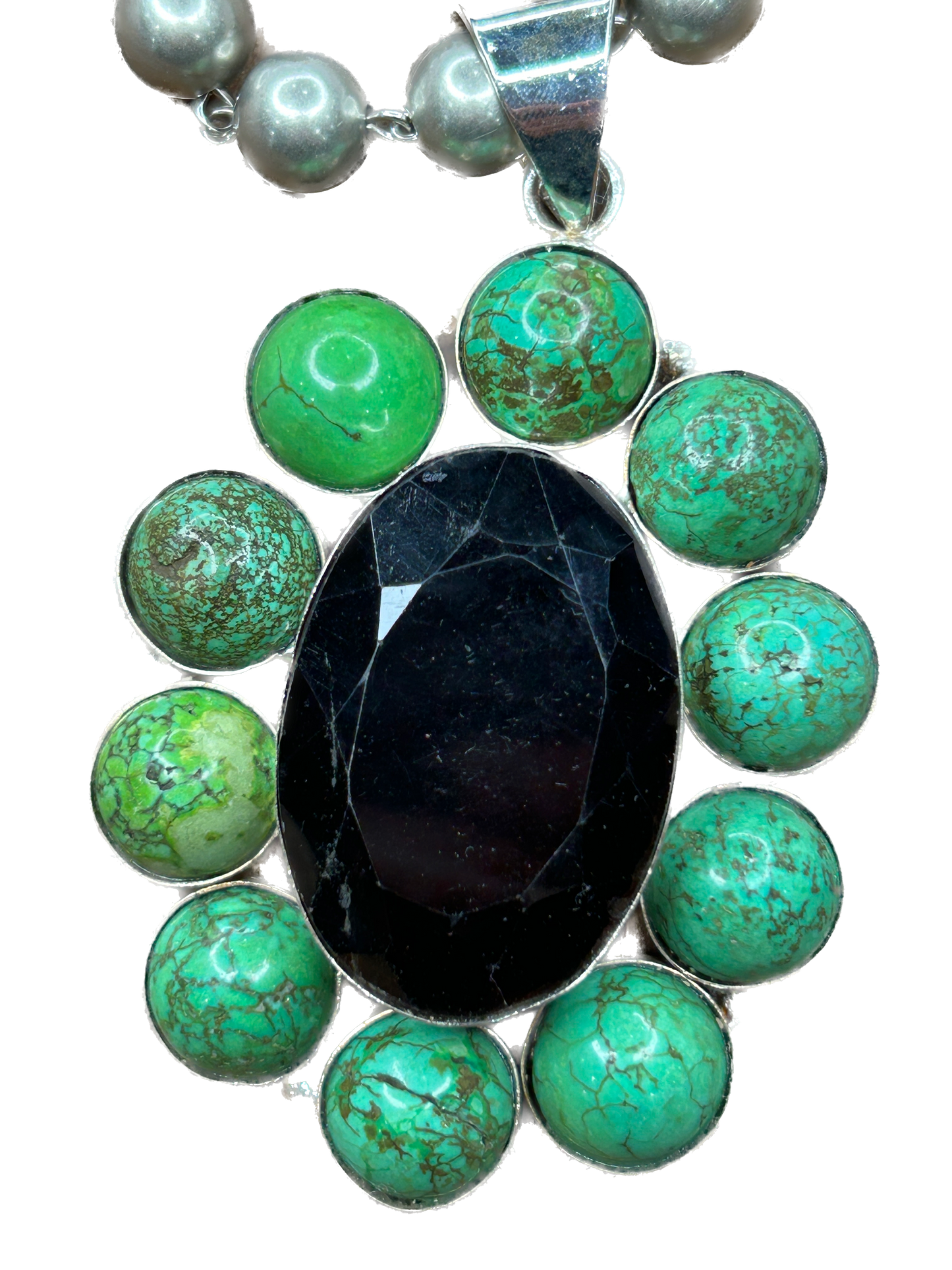 German Silver Green Howlite and Smoky Quartz Necklace