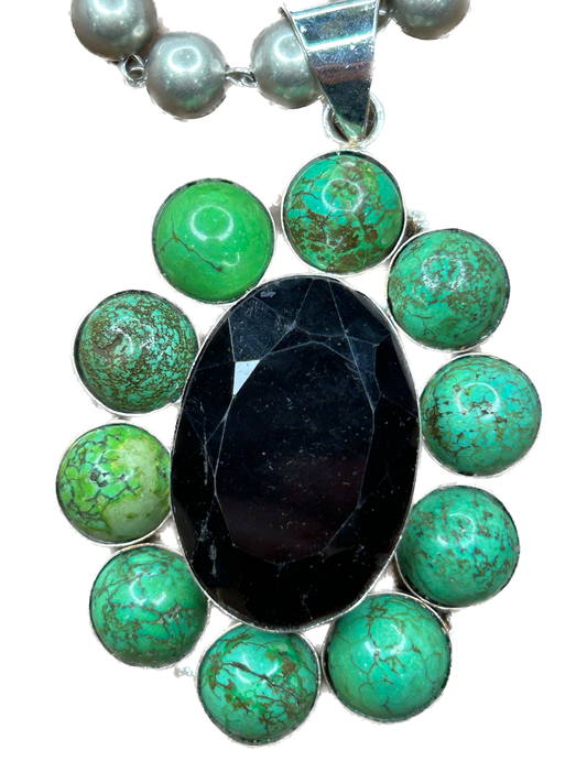 German Silver Green Howlite and Smoky Quartz Necklace