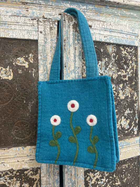 Felt Peacock Blue Purse with White and Red Flowers
