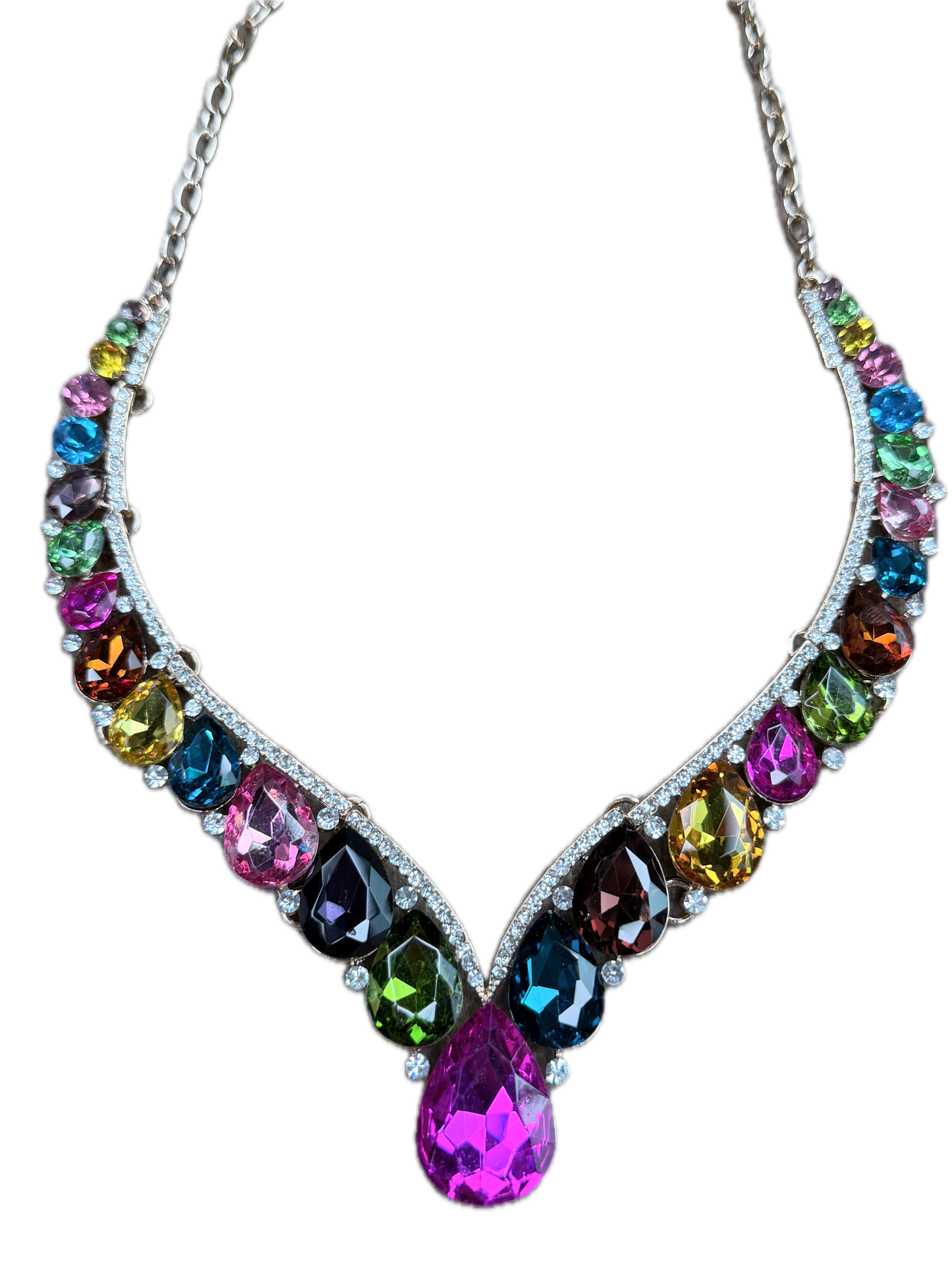 Multi Color Teardrop Crystal Evening Necklace