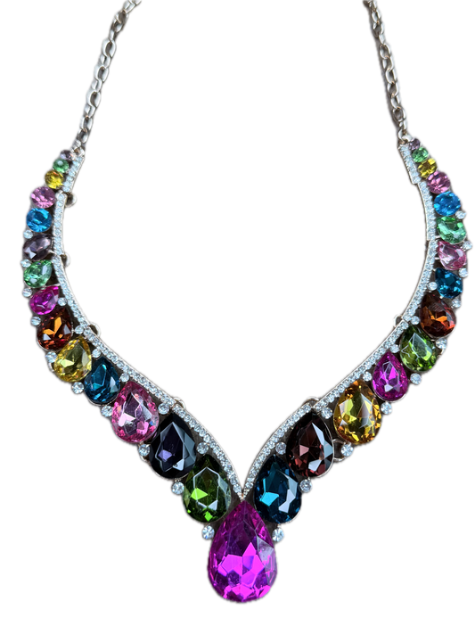 Multi Color Teardrop Crystal Evening Necklace