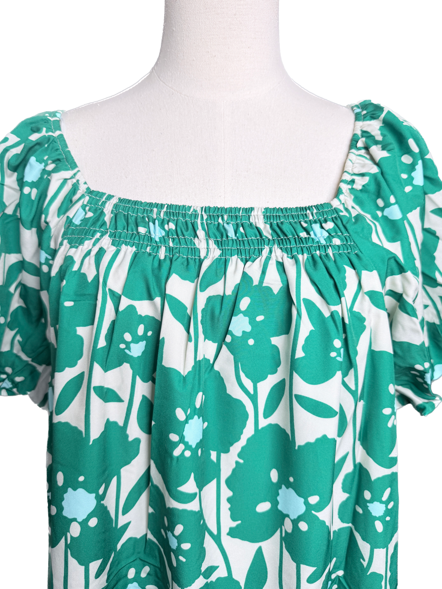 Floral Printed Bubble Sleeve Mini Dress (Green)