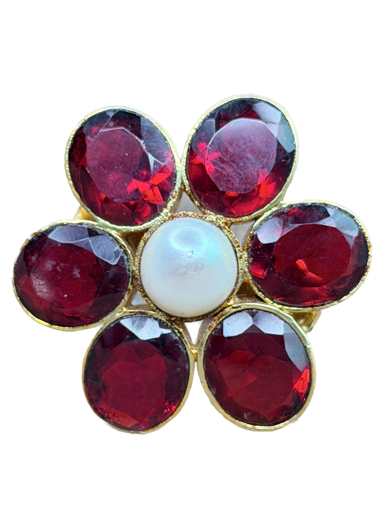Gold Red Ruby and Pearl Cluster Ring