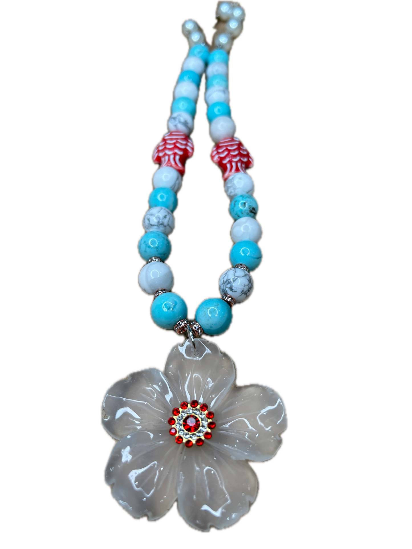 Floral Beach Necklace (Robin's Egg Blue/White/Red)- ERR ORIGINAL