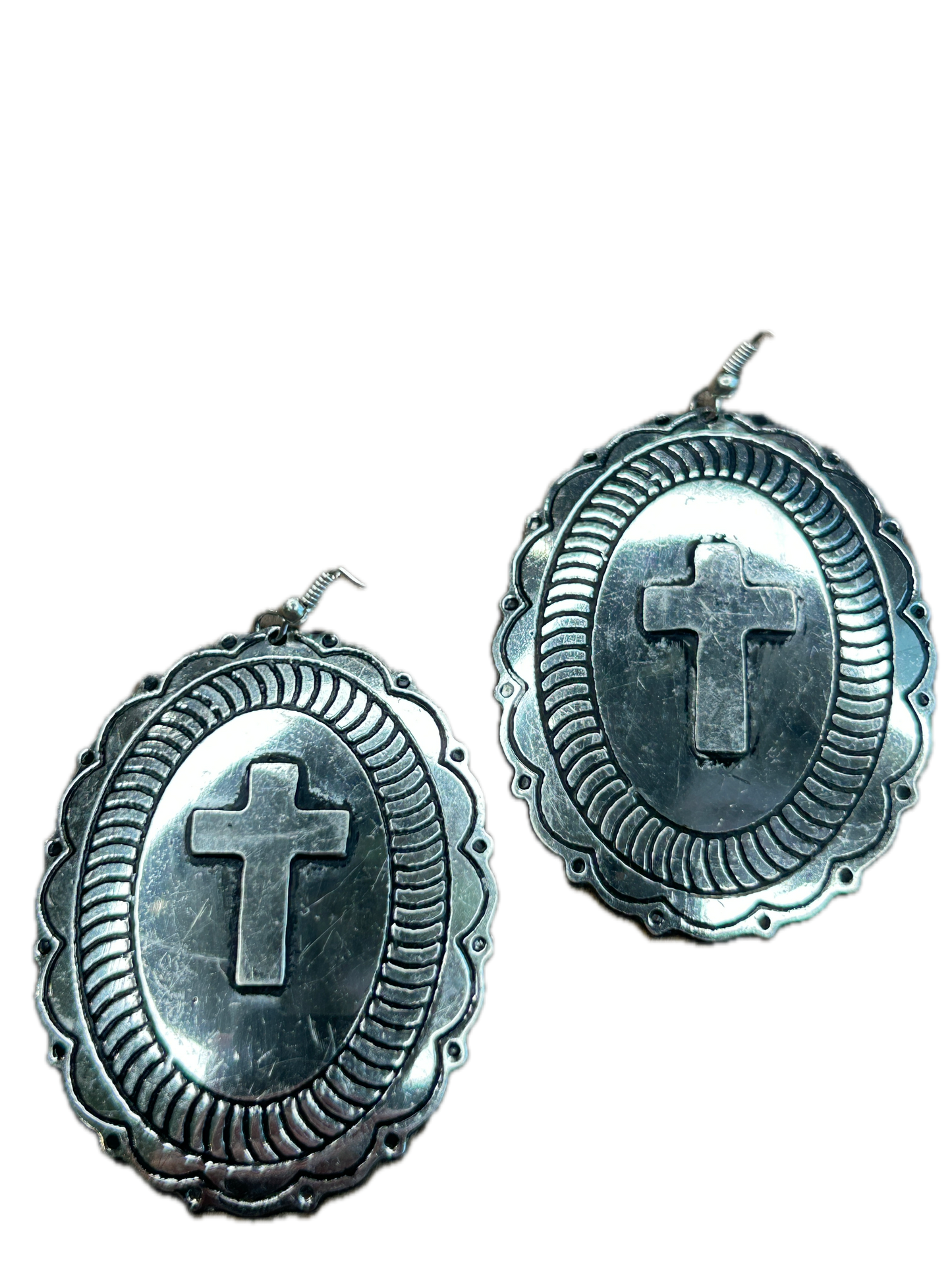 In Jesus Name Stamped Cross Earrings
