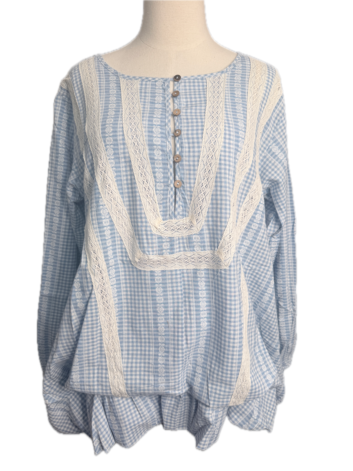 Oli & Hali- Washed Gingham Ruffle Hem Blouse (Blue) *Final Sale*