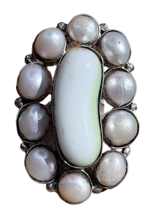 German Silver Agate and Pearl Cluster Ring