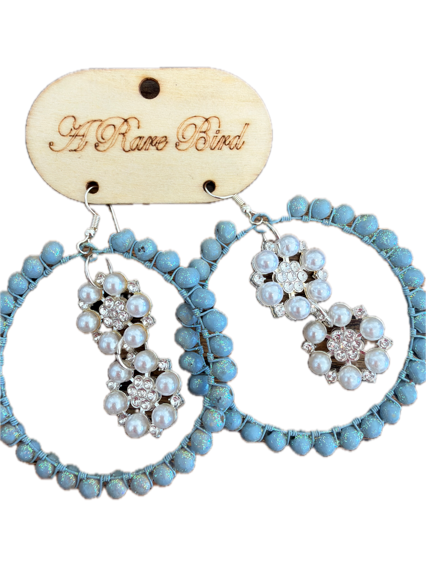 Rare Bird- Teakwood Hoop Earrings (Blue Pearls)