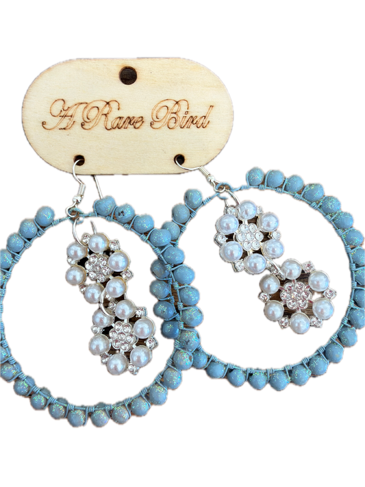 Rare Bird- Teakwood Hoop Earrings (Blue Pearls)