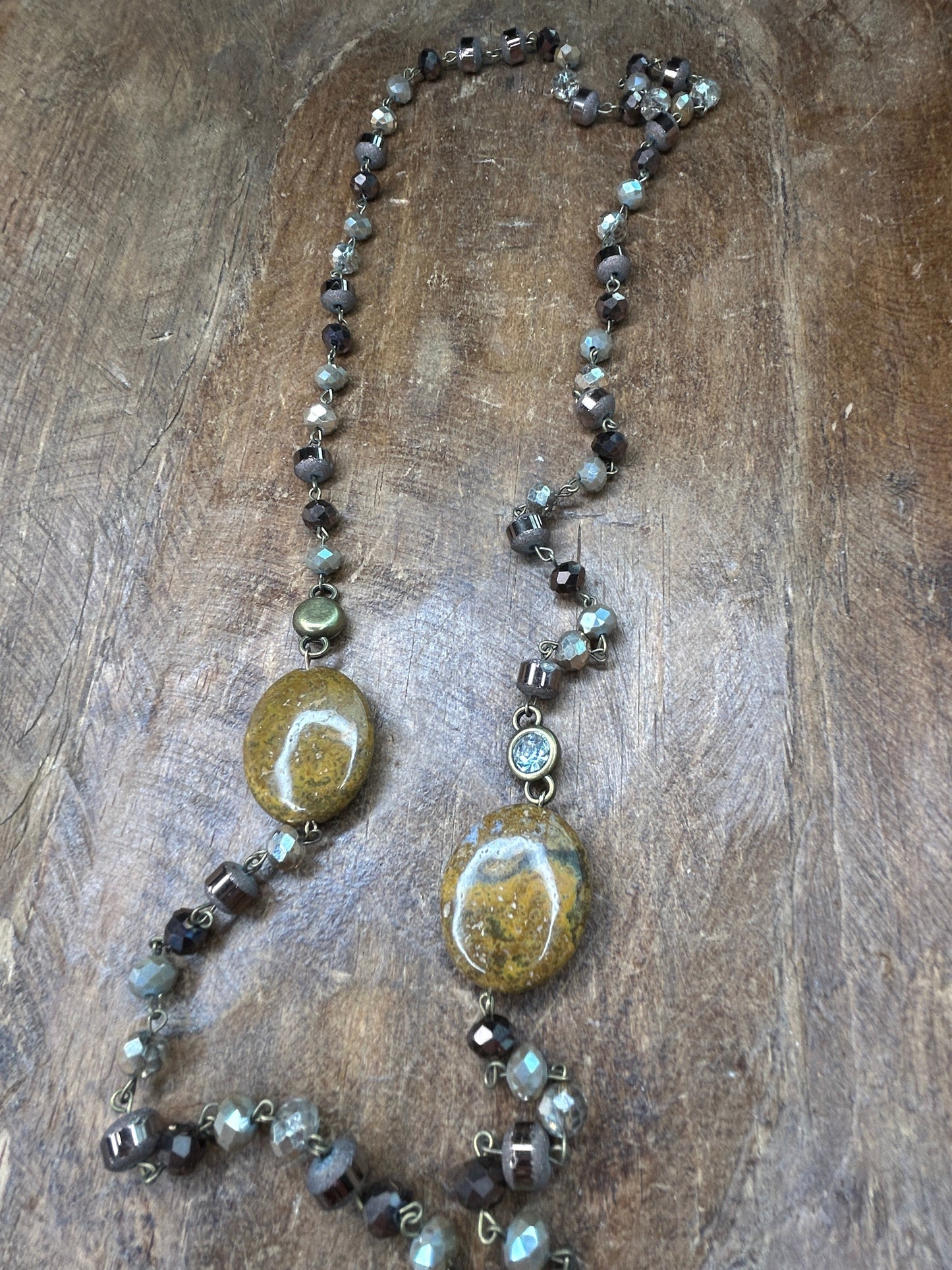 Long Multi-Beaded Brown-Tones Necklace with Dual Stones